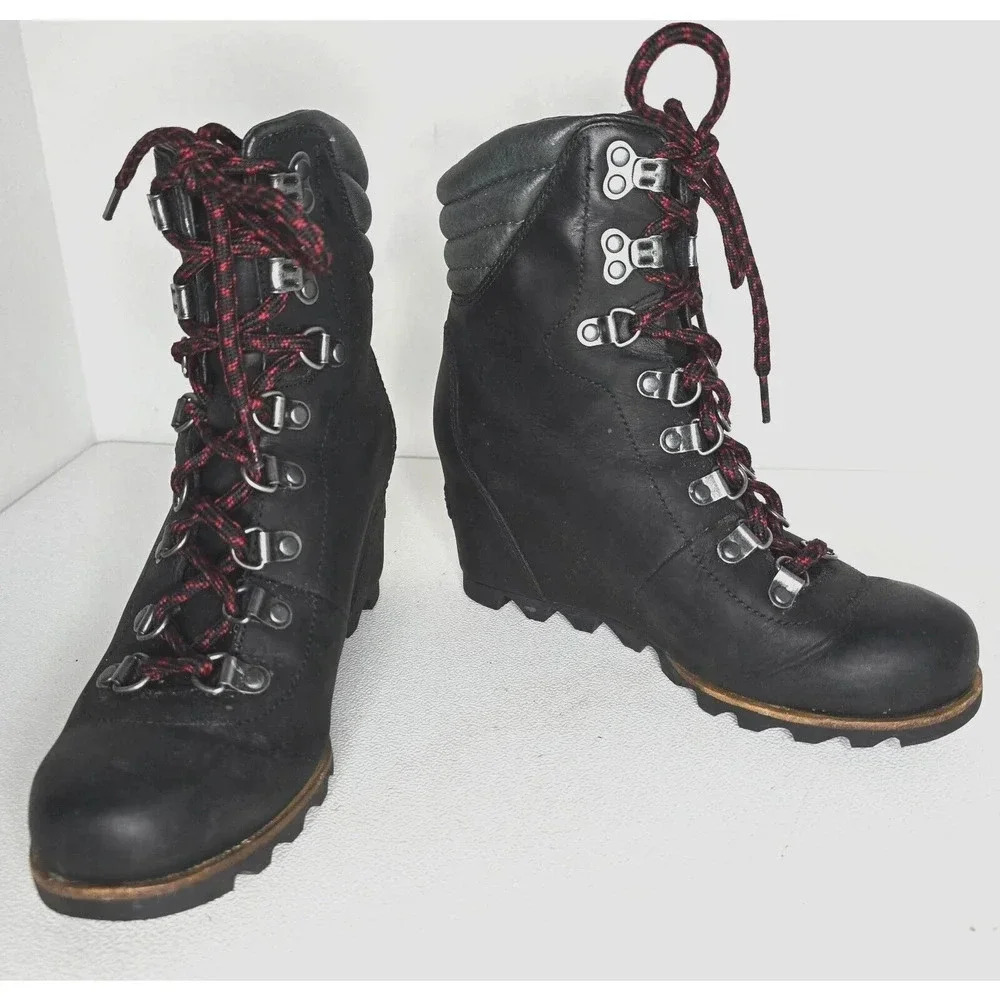 SOREL Conquest Wedge Lace Up Waterproof Leather Boots Black Women's, Size 6.5